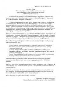Oświadczenie Komisji Pracujących w Gastronomii w sprawie protestu w lokalach Krowarzywa